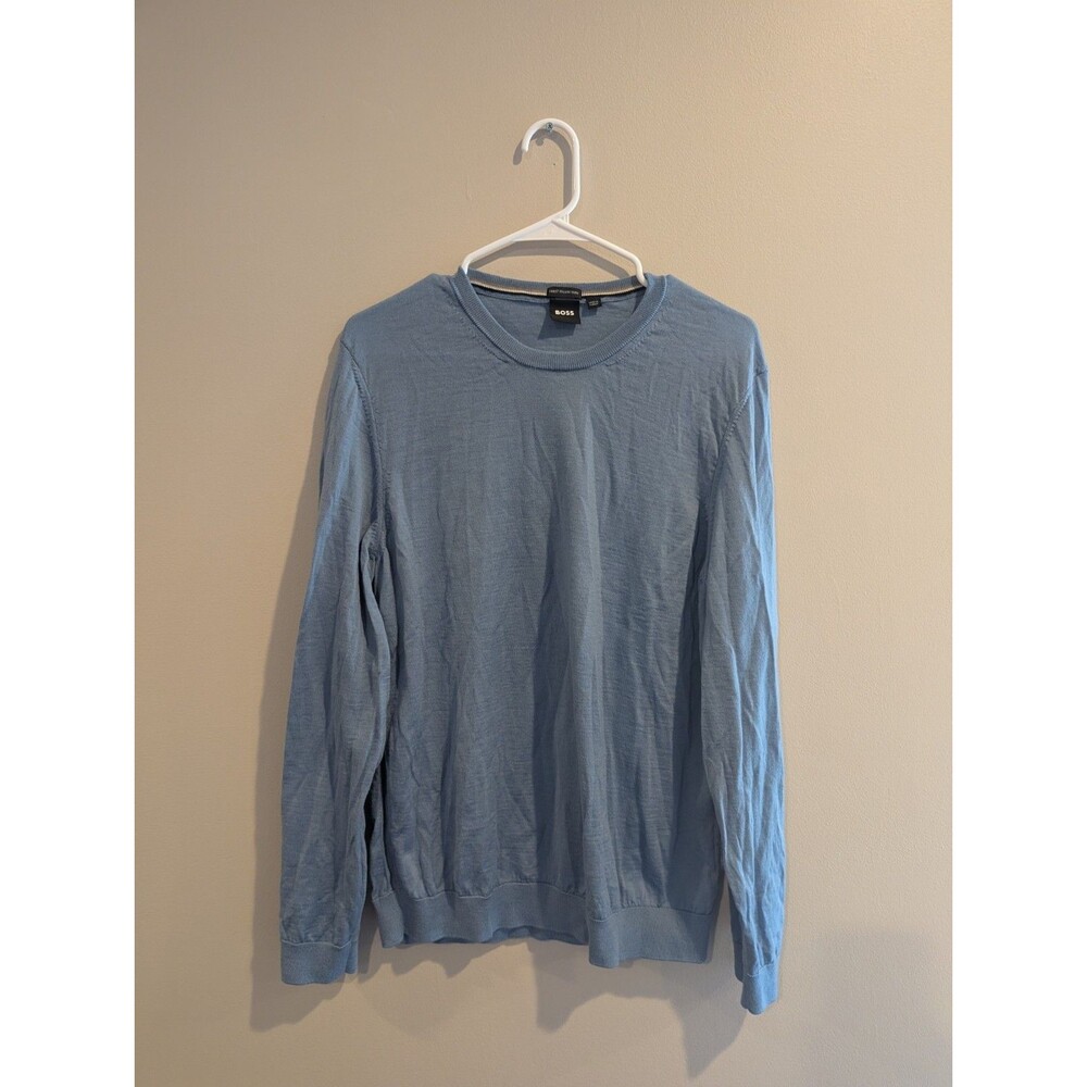HUGO BOSS Men's XL Blue Italian 100% Virgin Wool Crewneck Sweater NWOT Office
